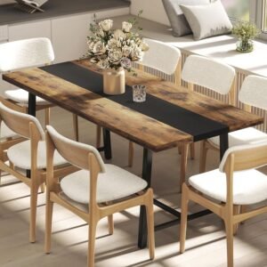 Long Rectangular Kitchen Table with Large Tabletop and Steel Legs for Dining Room